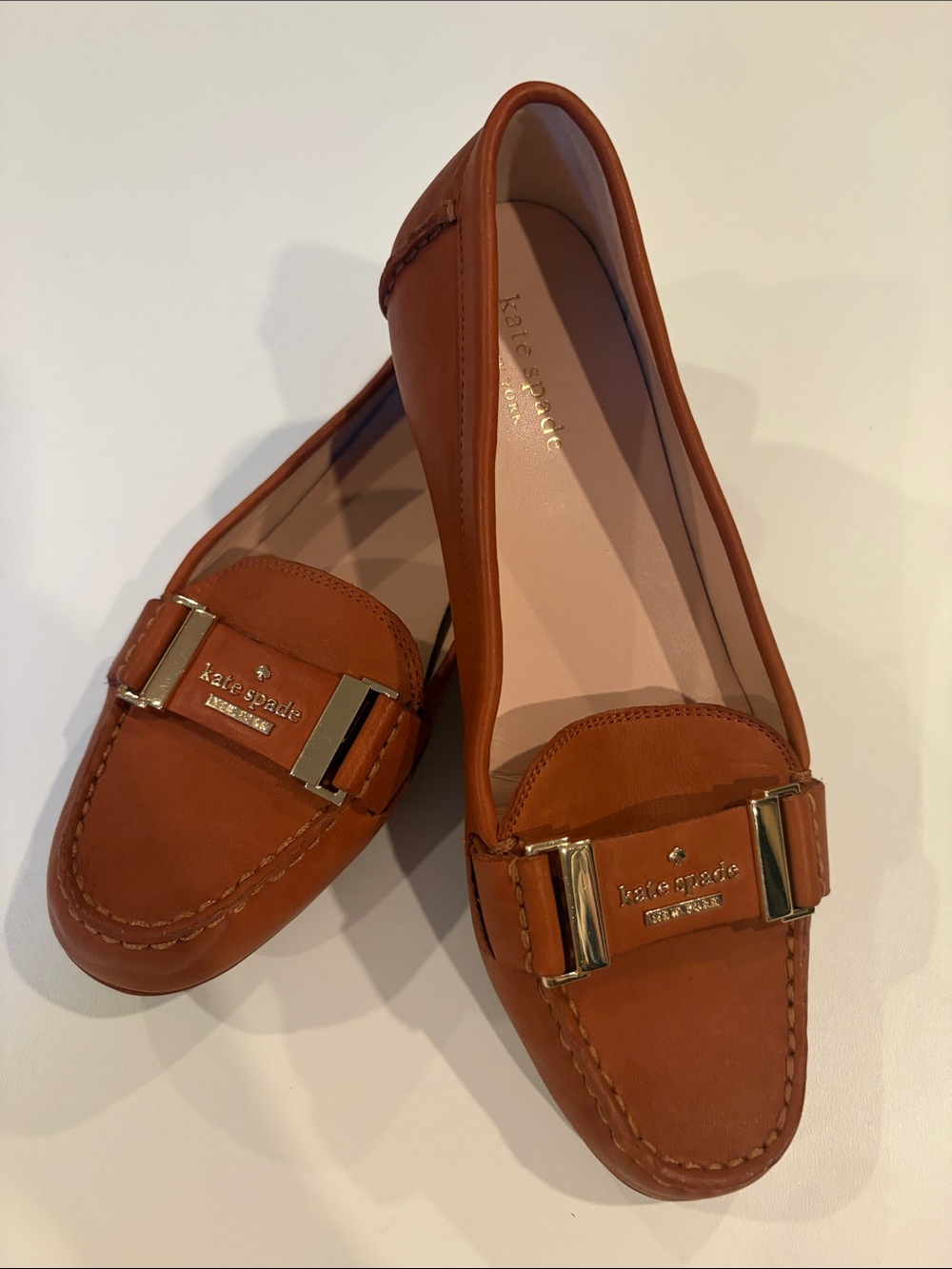 kate spade Tan Leather Loafers with Gold Hardware